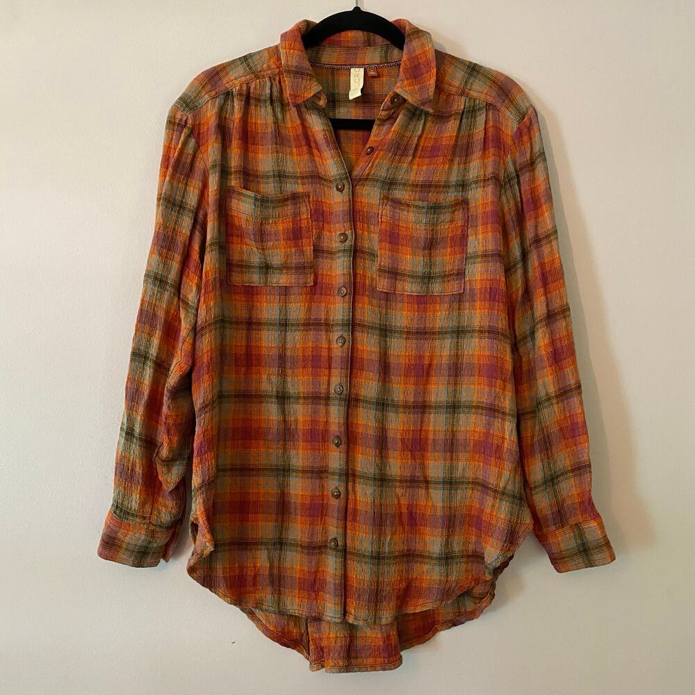 Pilcro Anthropologie Orange Green Plaid Flannel Button Down Shirt Boho size XS